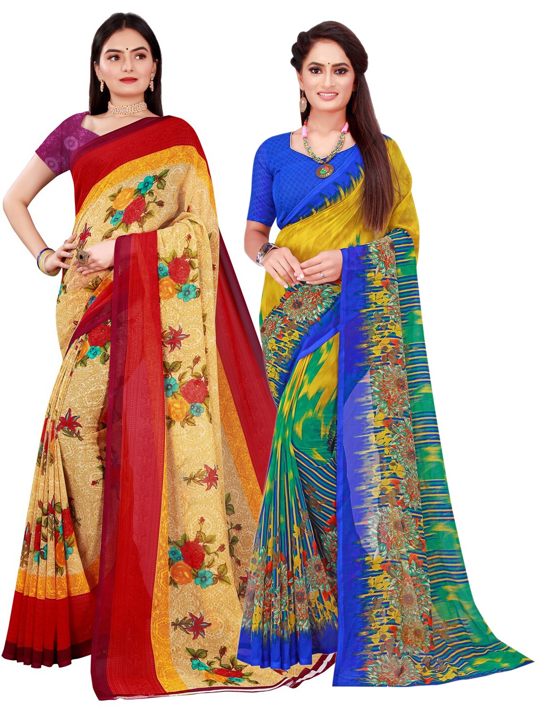 SAADHVI Pack of 2 Beige & Yellow Pure Georgette Saree