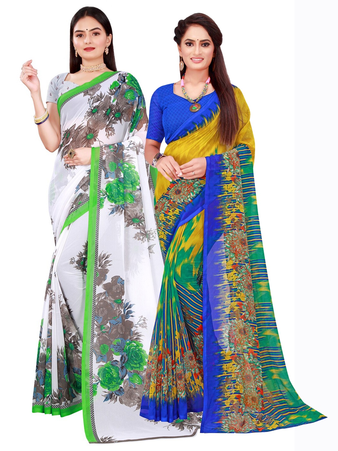 

SAADHVI Pack of 2 White & Green Pure Georgette Saree
