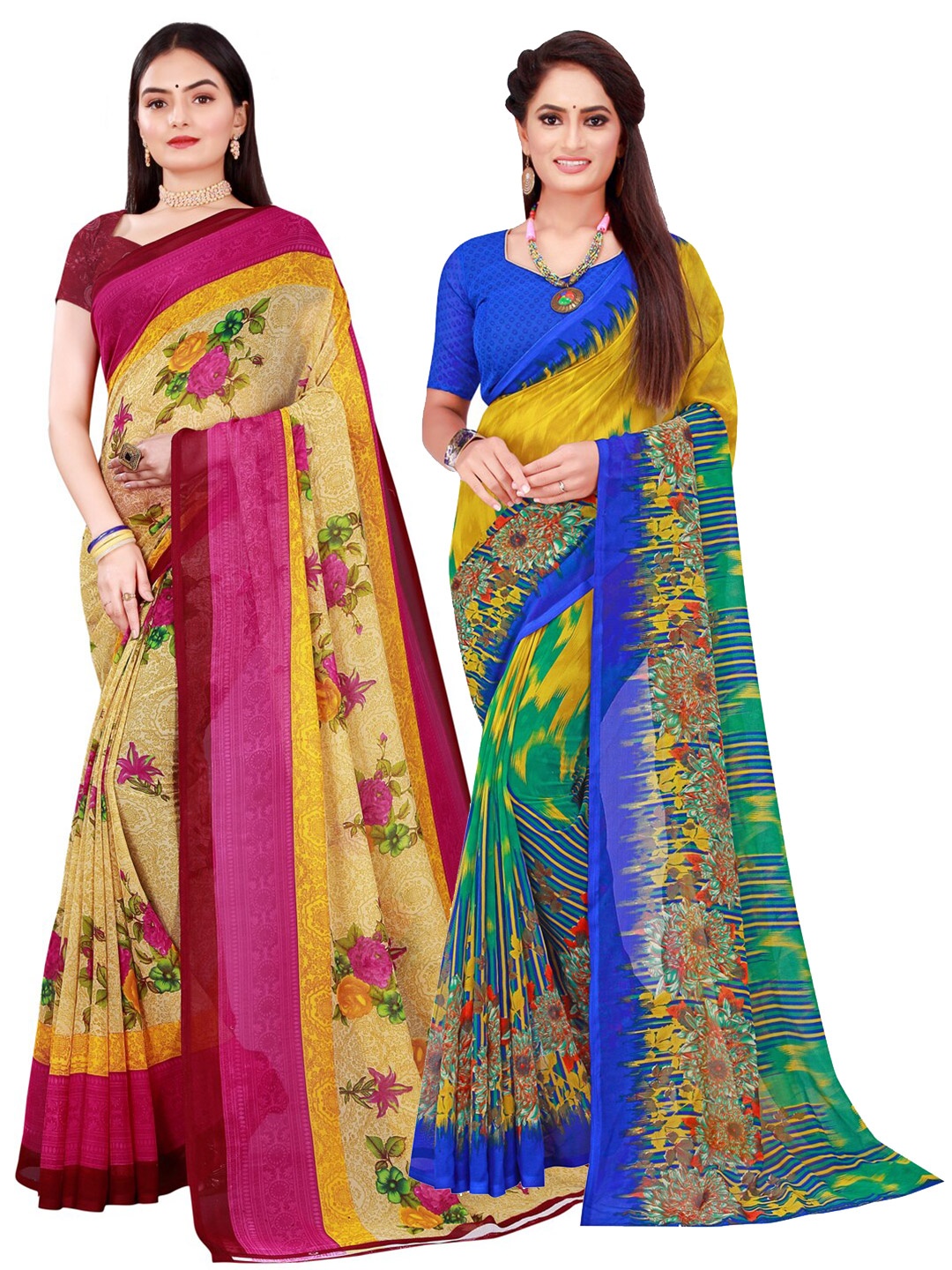 

SAADHVI Pack of 2 Beige & Yellow Pure Georgette Saree