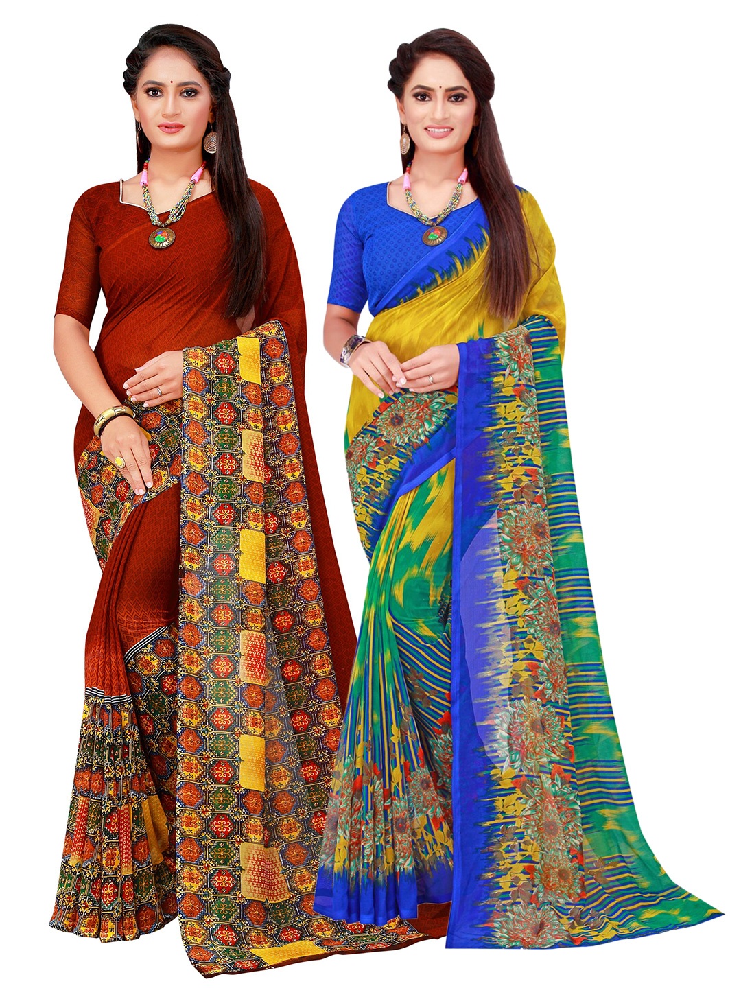 

SAADHVI Set Of 2 Maroon & Green Floral Pure Georgette Saree