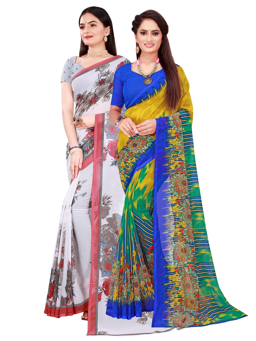 

SAADHVI Pack of 2 White & Yellow Pure Georgette Saree