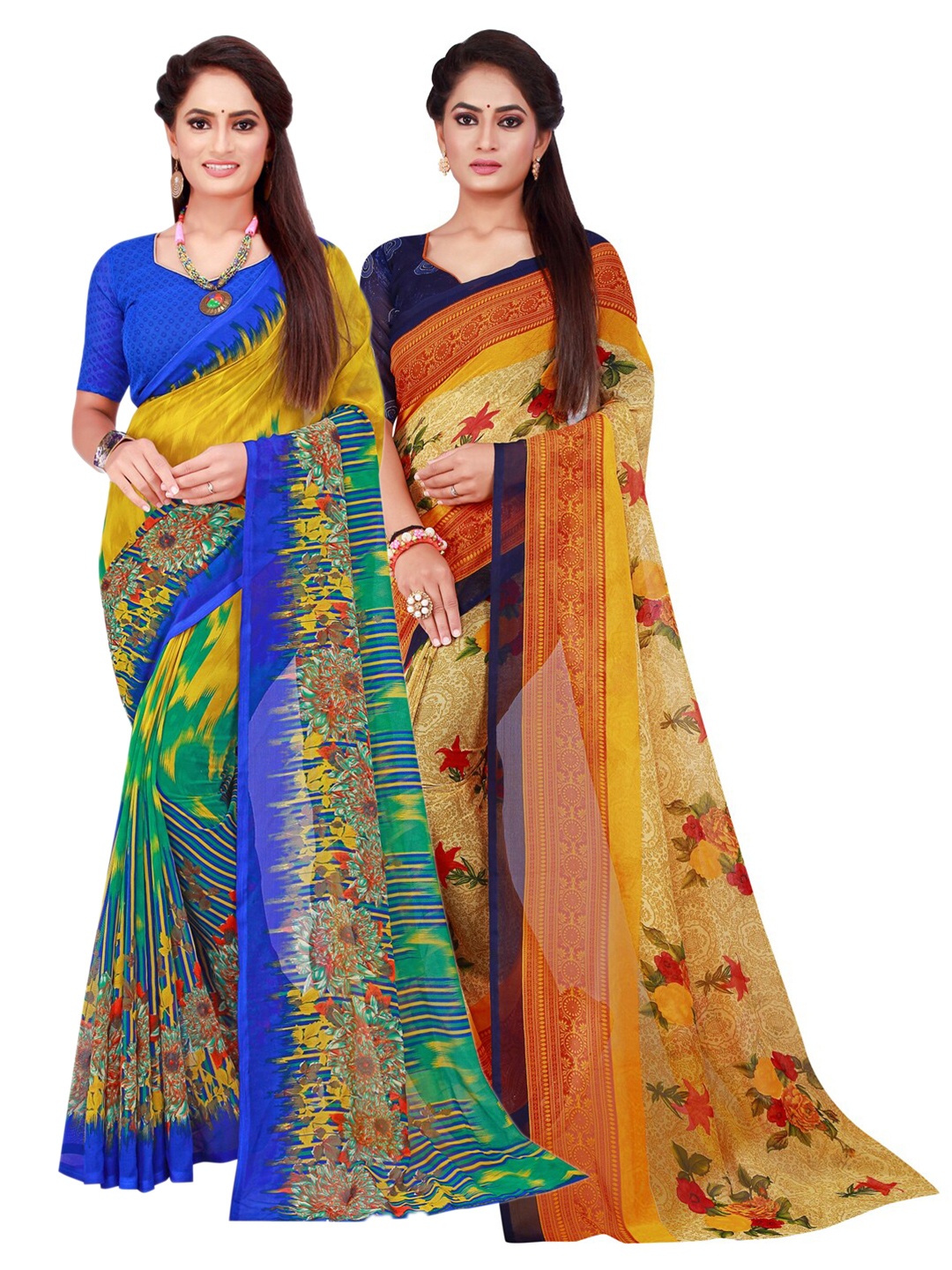 

SAADHVI Pack of 2 Yellow & Mustard Pure Georgette Saree