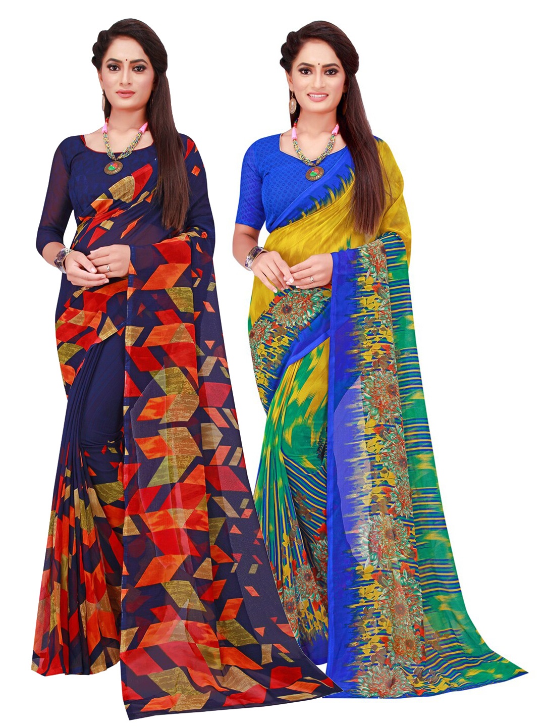 

SAADHVI Pack of 2 Navy Blue & Yellow Pure Georgette Saree