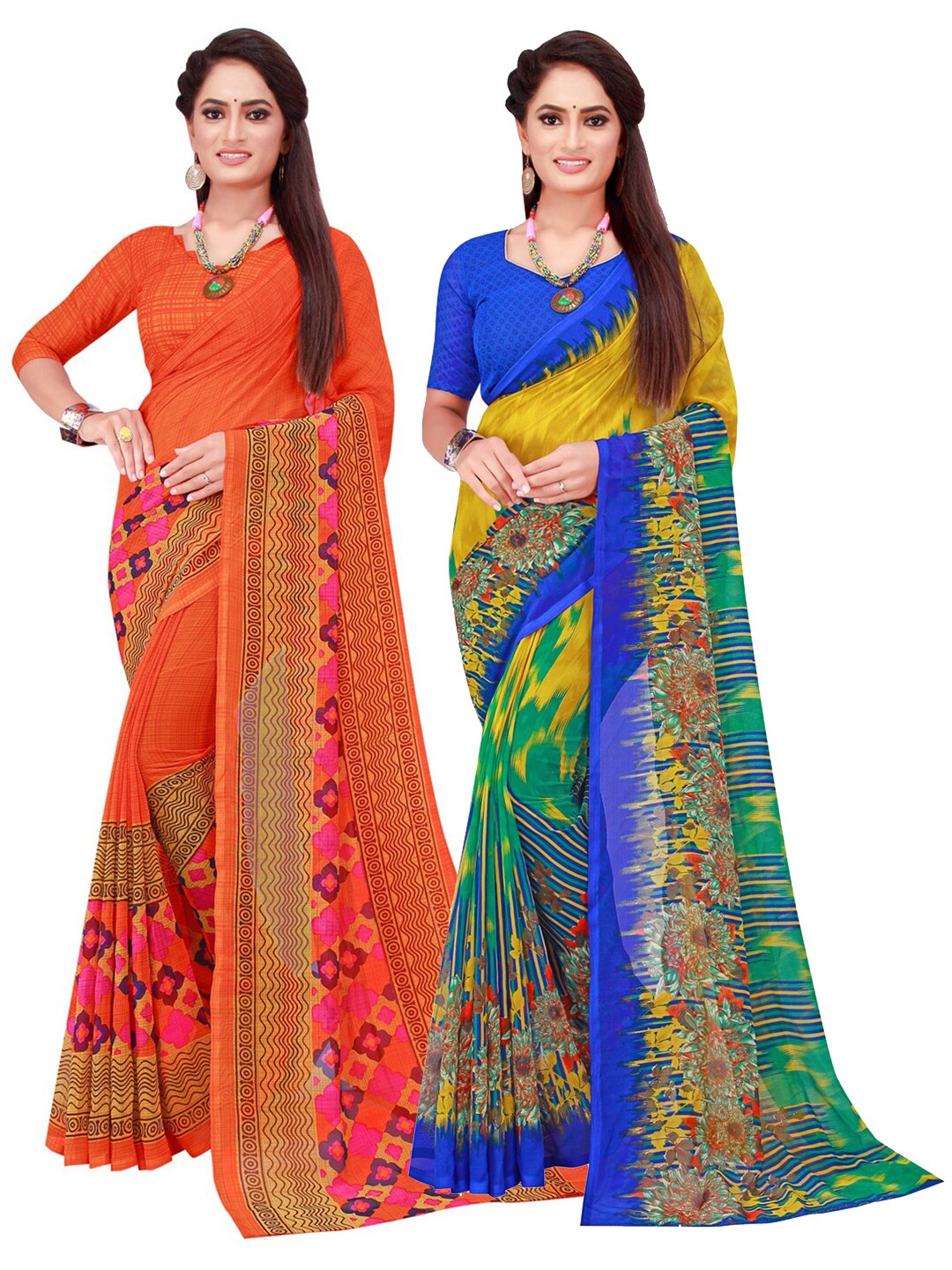 

SAADHVI Pack of 2 Orange & Yellow Pure Georgette Saree