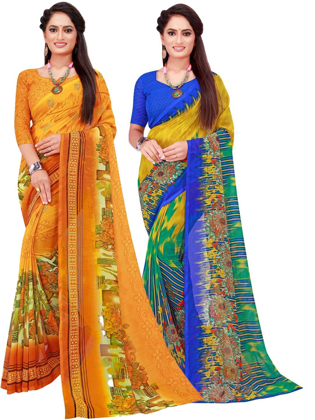 

SAADHVI Set Of 2 Yellow & Green Floral Pure Georgette Saree