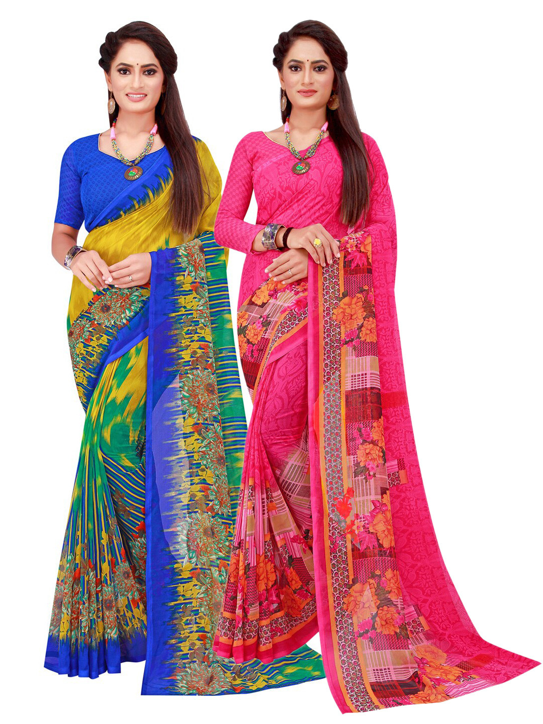 

SAADHVI Pack of 2 Yellow & Pink Pure Georgette Saree