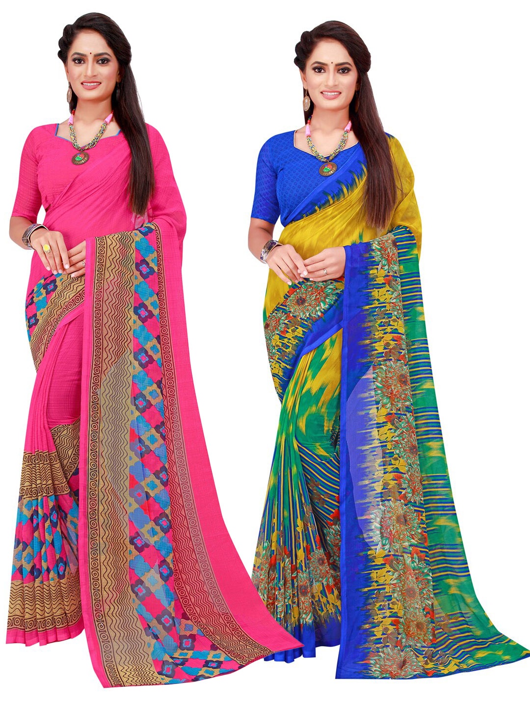 

SAADHVI Pack of 2 Pink & Yellow Pure Georgette Saree