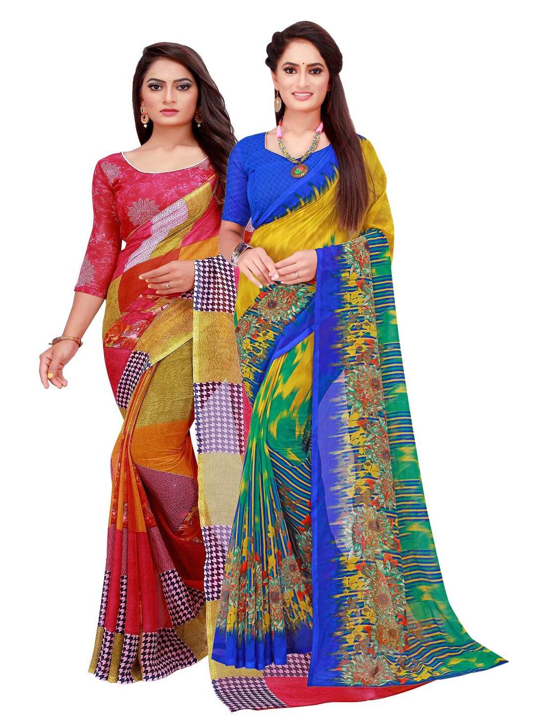 SAADHVI Pack of 2 Red & Yellow Pure Georgette Saree