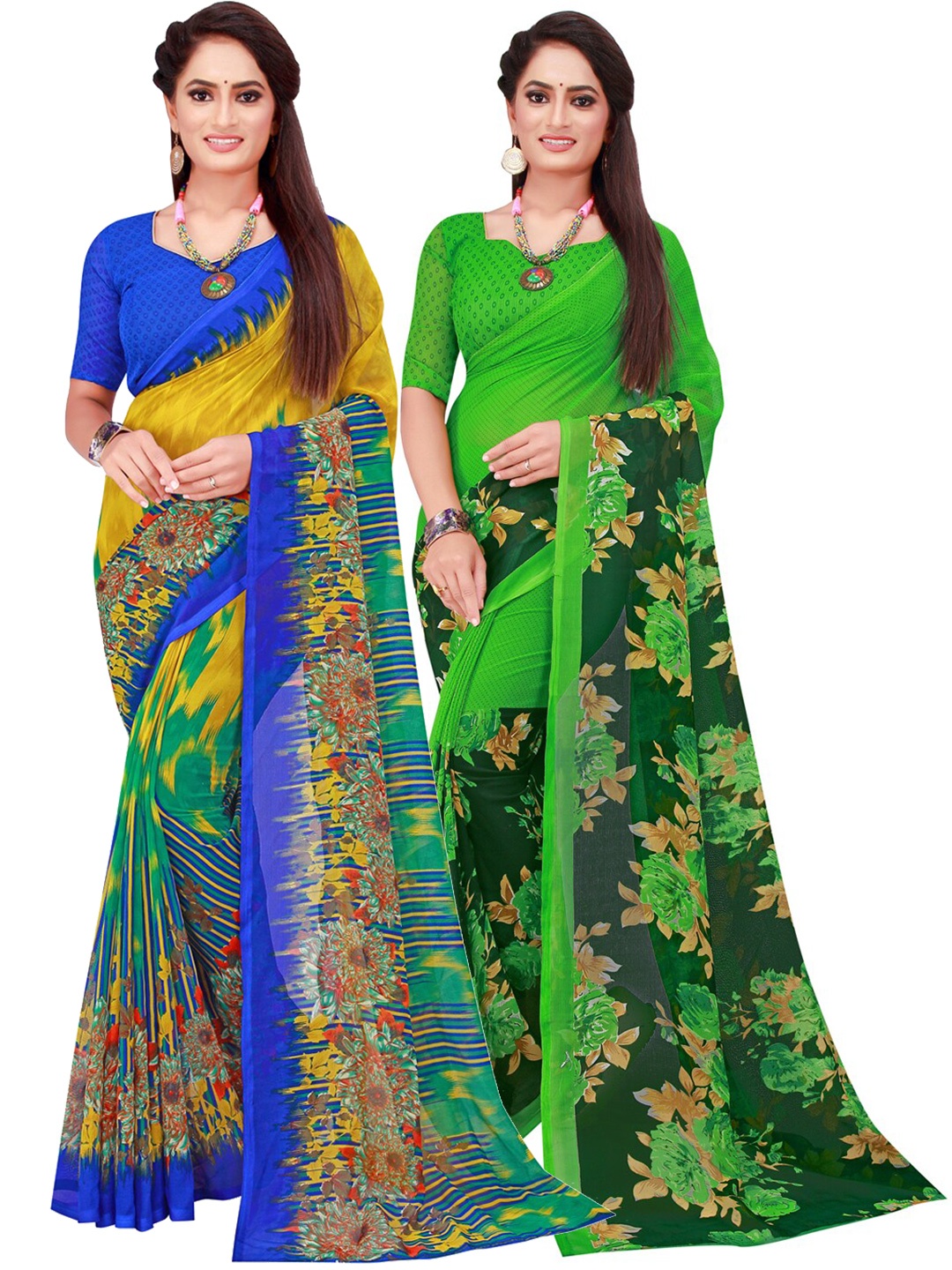 

SAADHVI Pack of 2 Yellow & Green Pure Georgette Saree