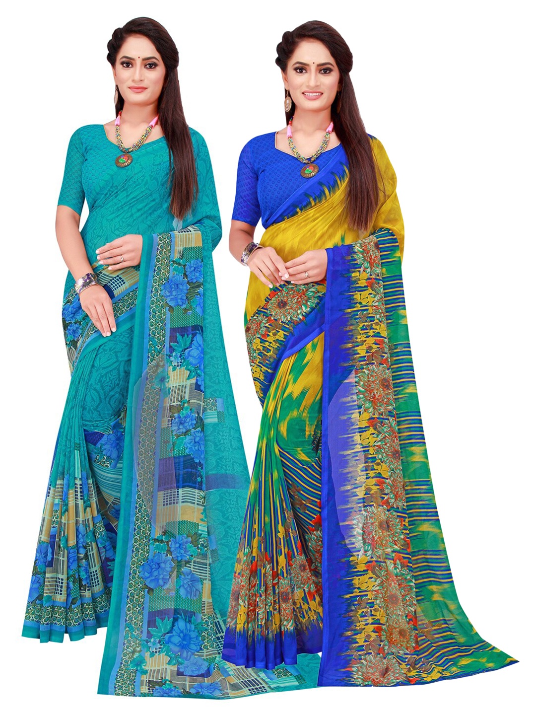 

SAADHVI Set Of 2 Red & Green Floral Pure Georgette Saree