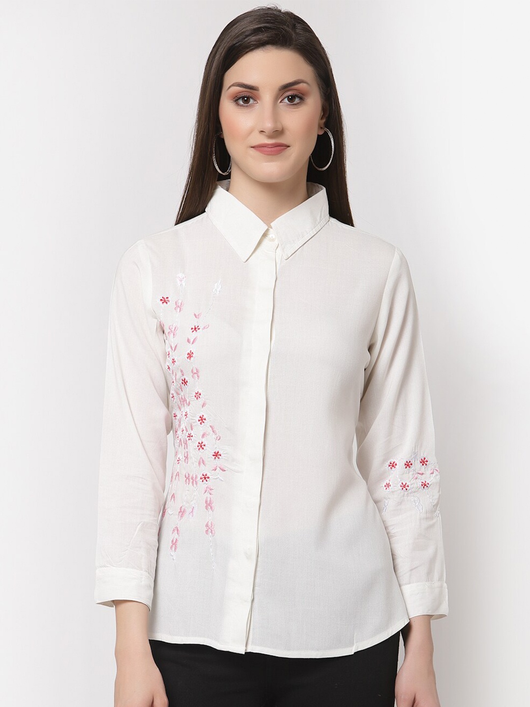 

The Mini NEEDLE Women White Floral Embroidered Casual Shirt