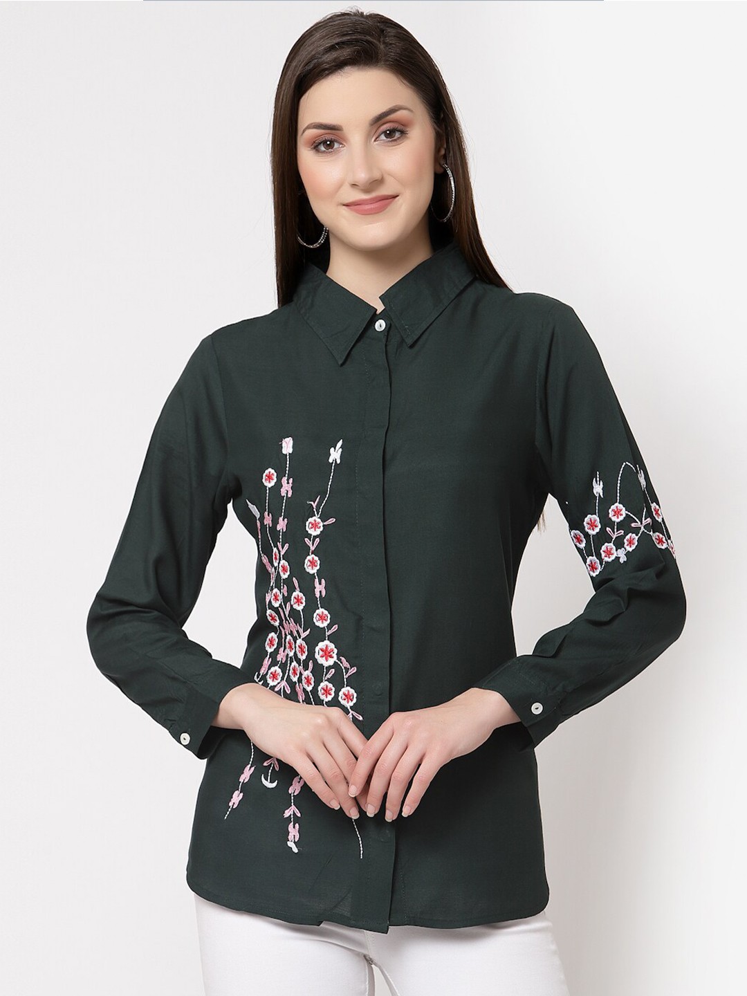 

The Mini NEEDLE Women Green Floral Embroidered Casual Shirt