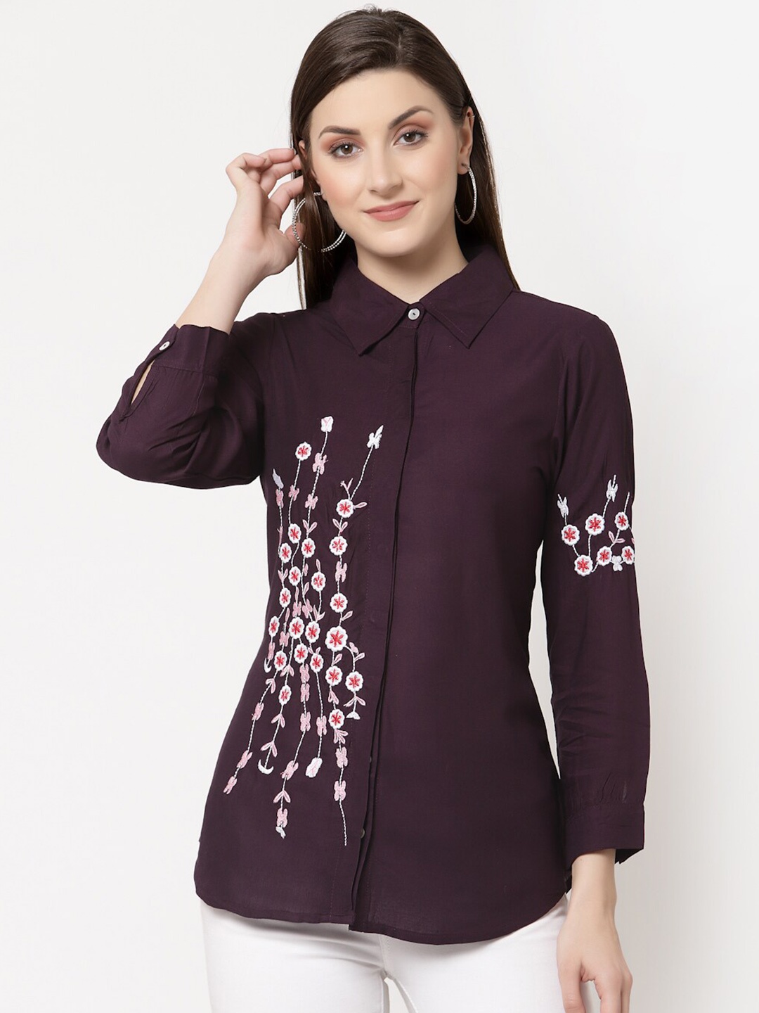 

The Mini NEEDLE Women Purple Floral Embroidered Casual Shirt