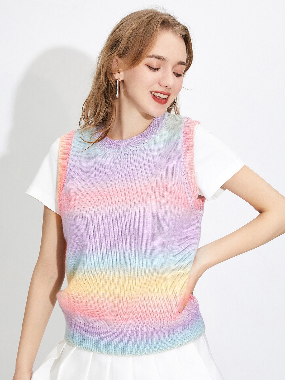 

URBANIC Women Purple & Yellow Printed Crop Sweater Vest