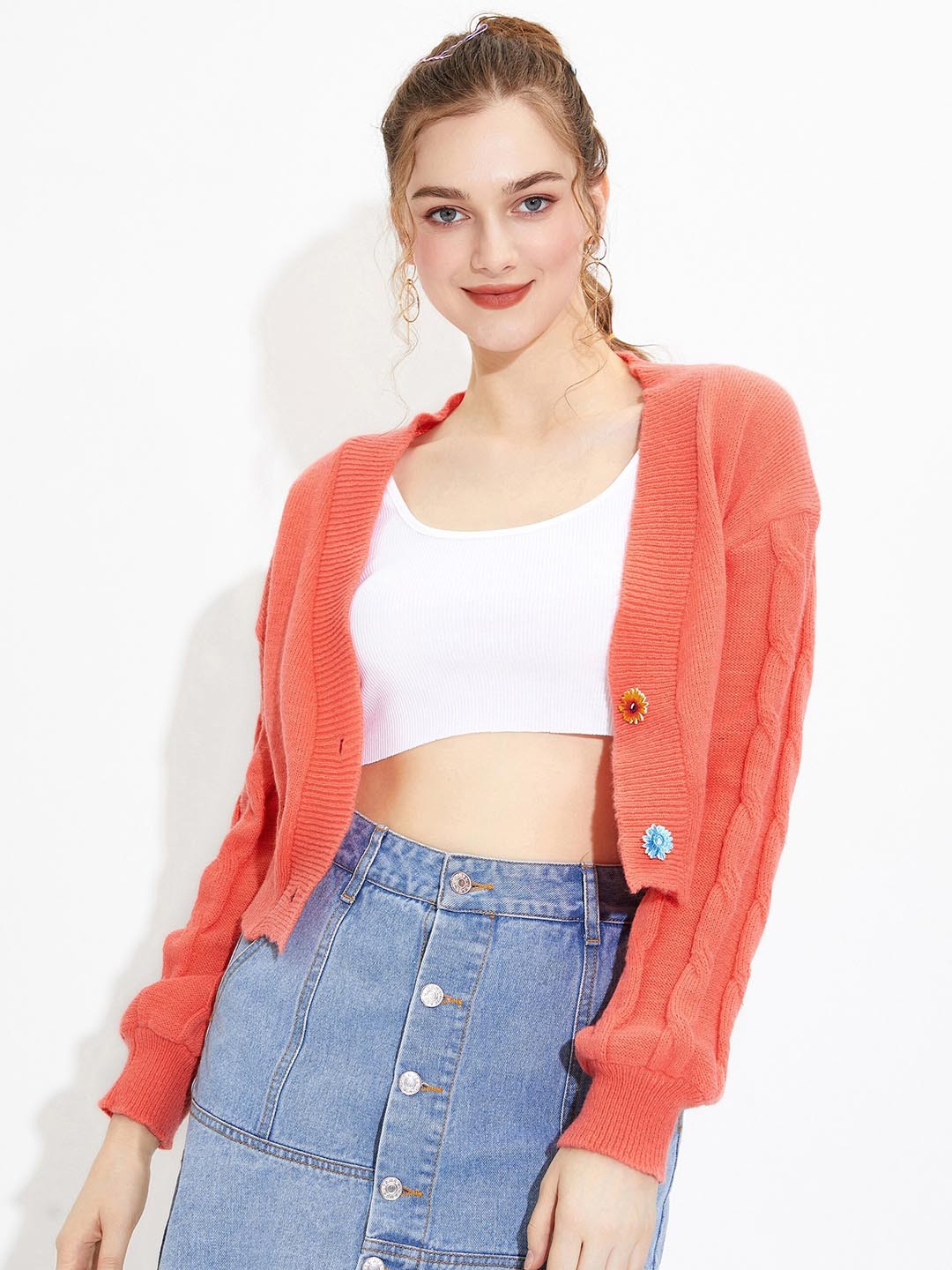 

URBANIC Women Coral Cable Knit Crop
