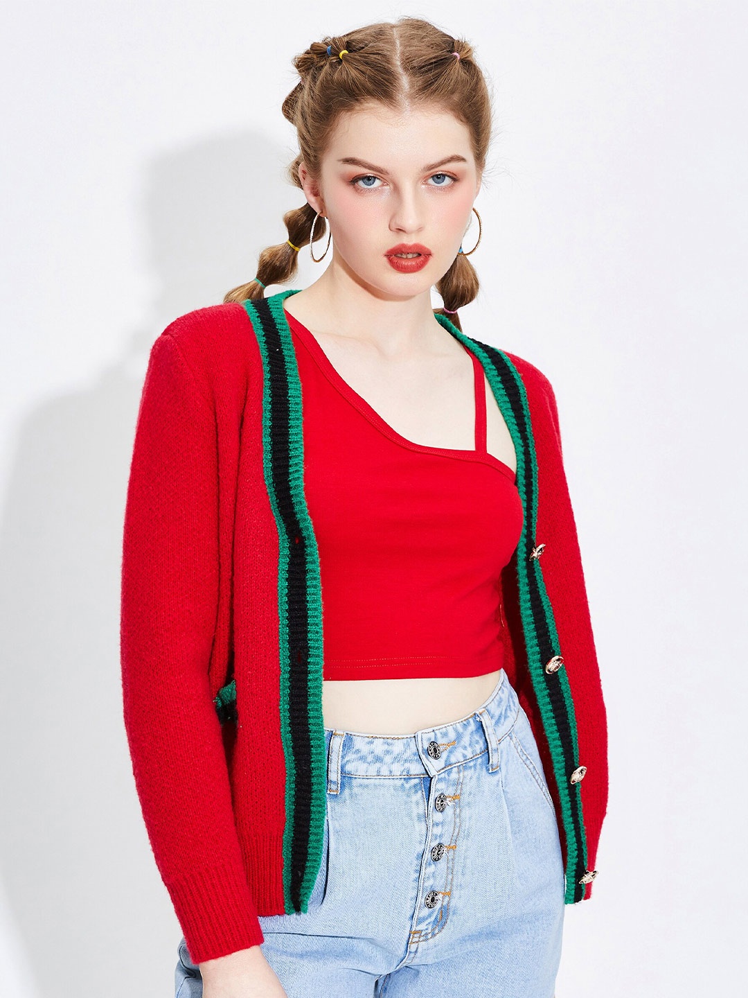 

URBANIC Women Red & Green Striped Front Open Sweater
