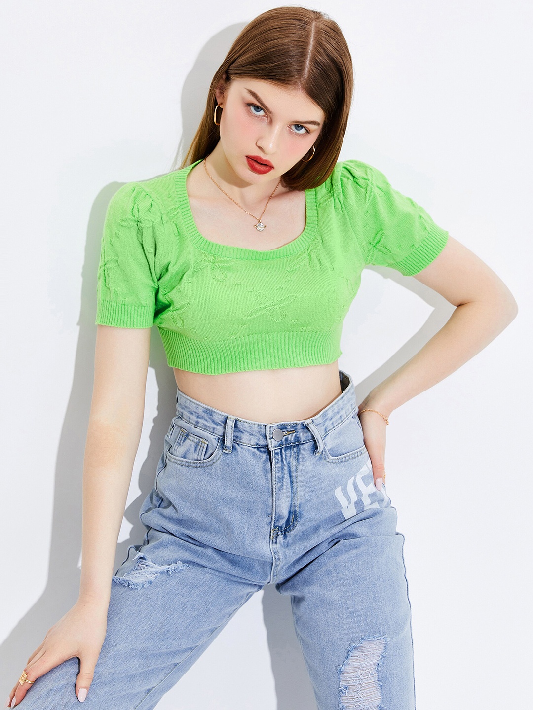 

URBANIC Women Lime Green Floral Crop Pullover