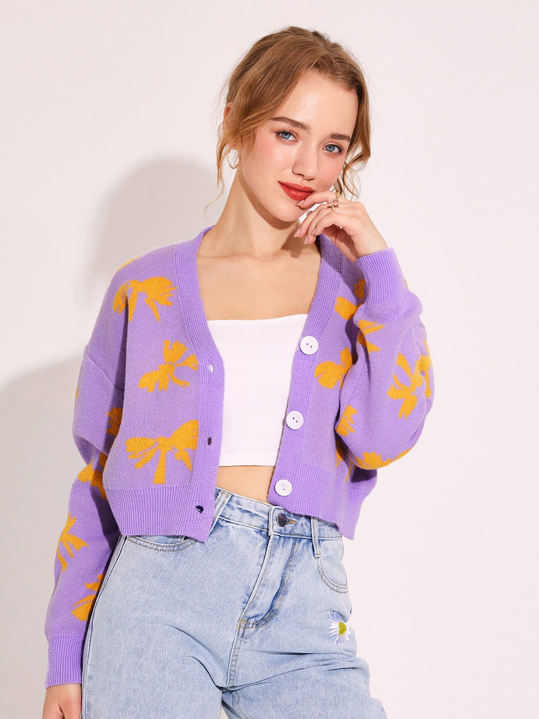 

URBANIC Women Purple & Yellow Printed Crop Cardigan Sweater