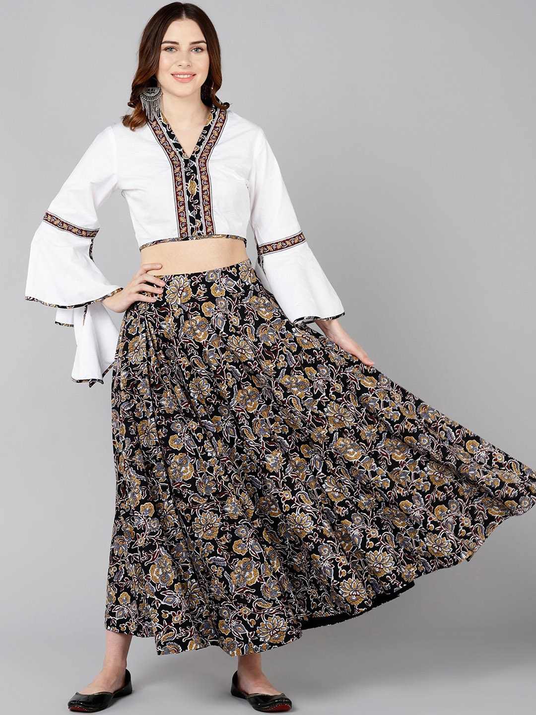 

ZNX Clothing Women White & Brown Printed Pure Cotton Crop Top with Skirt
