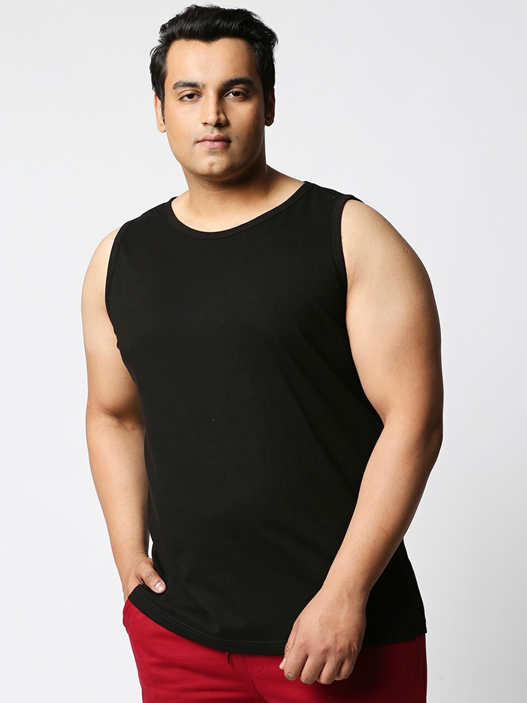 

Bewakoof Plus Men Plus Size Black Solid Cotton Innerwear Vest