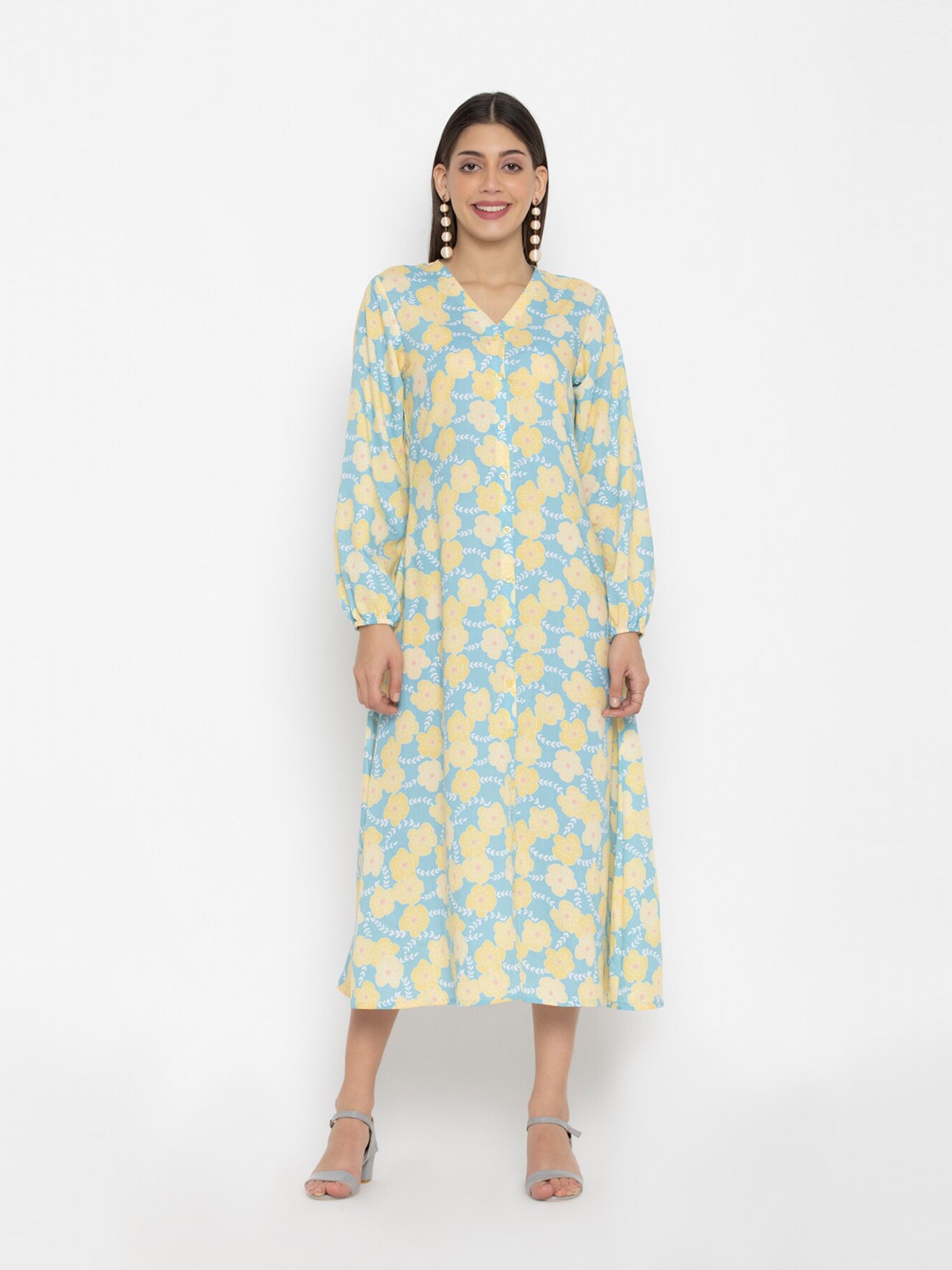 

SEW YOU SOON Yellow Floral Printed Crepe A-Line Midi Dress