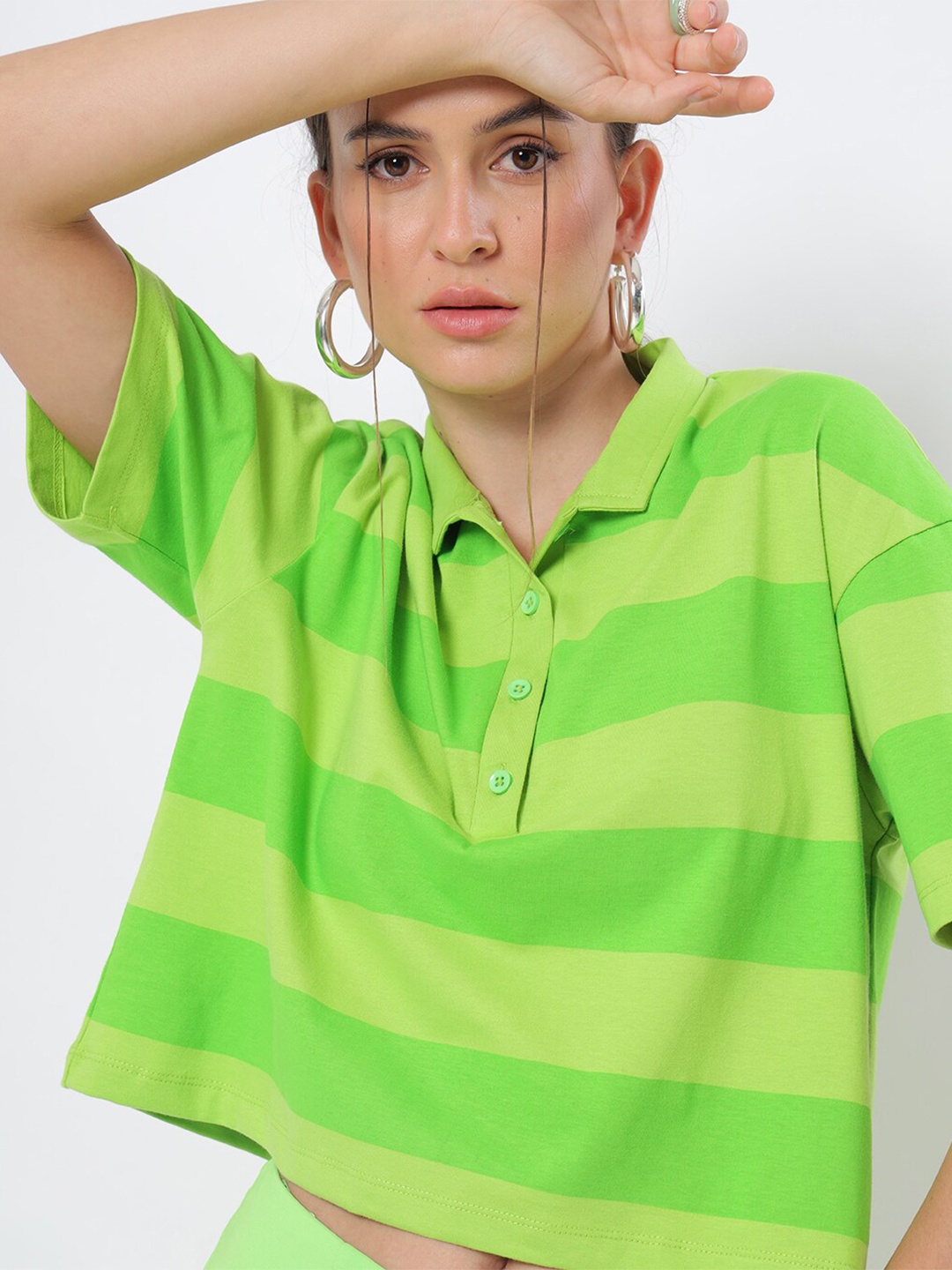 

Bewakoof Chilled Out Striped Relaxed Fit Polo T-shirt, Green