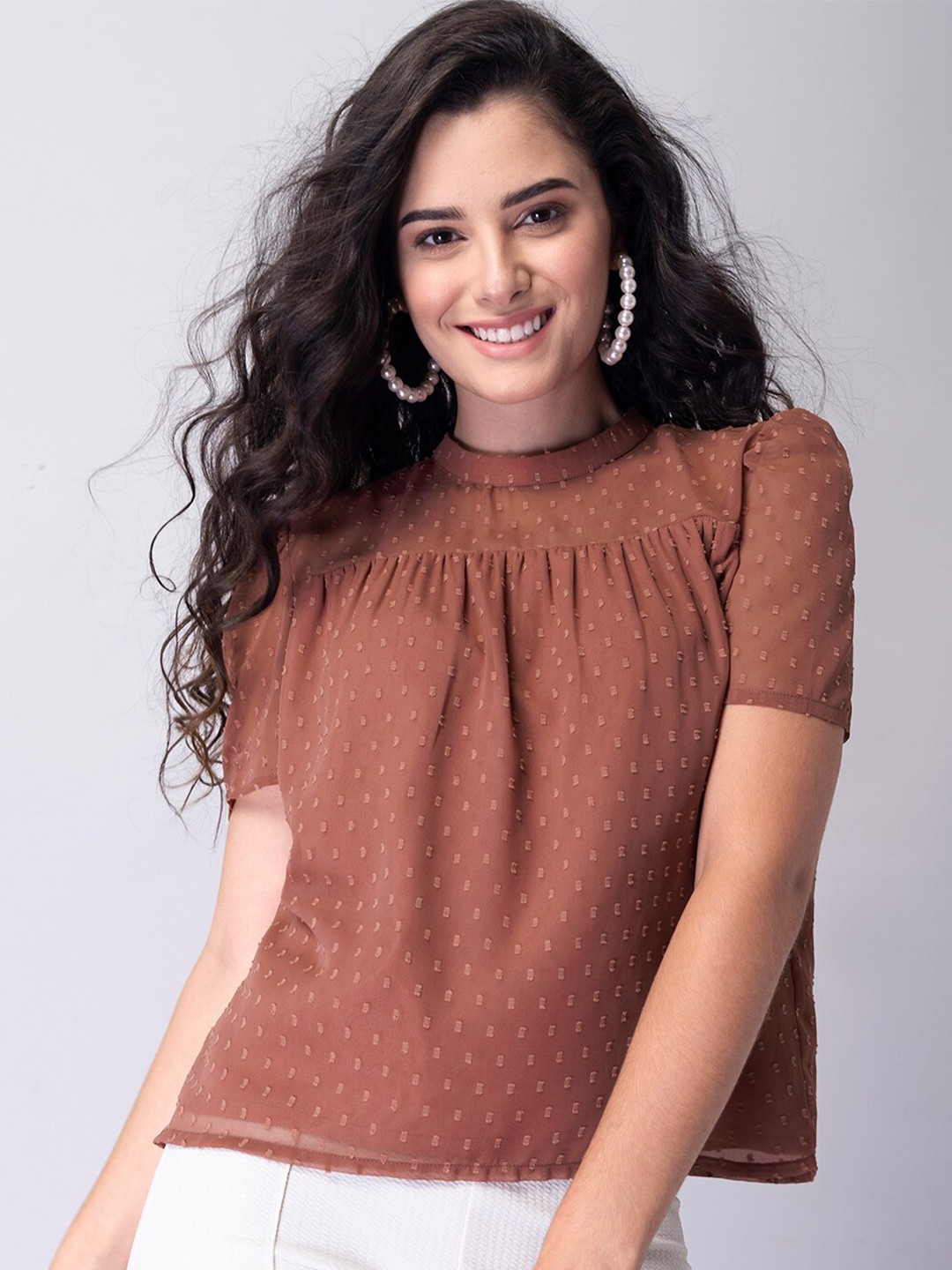 

FabAlley Women Brown Georgette Short Sleeve Top