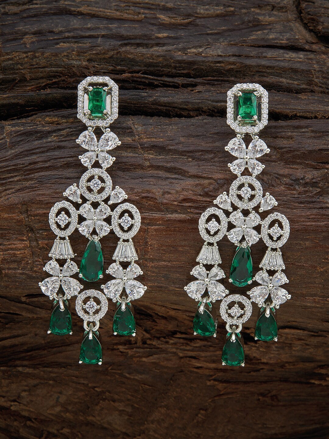 

Kushal's Fashion Jewellery Green & Silver-Plated Floral Drop Earrings