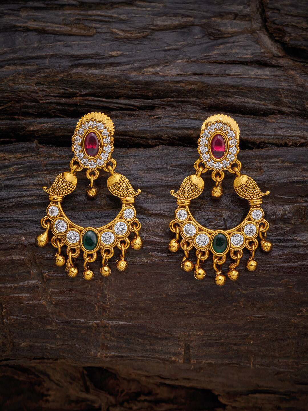 

Kushal's Fashion Jewellery Women Red Crescent Shaped Chandbalis Earrings, Gold