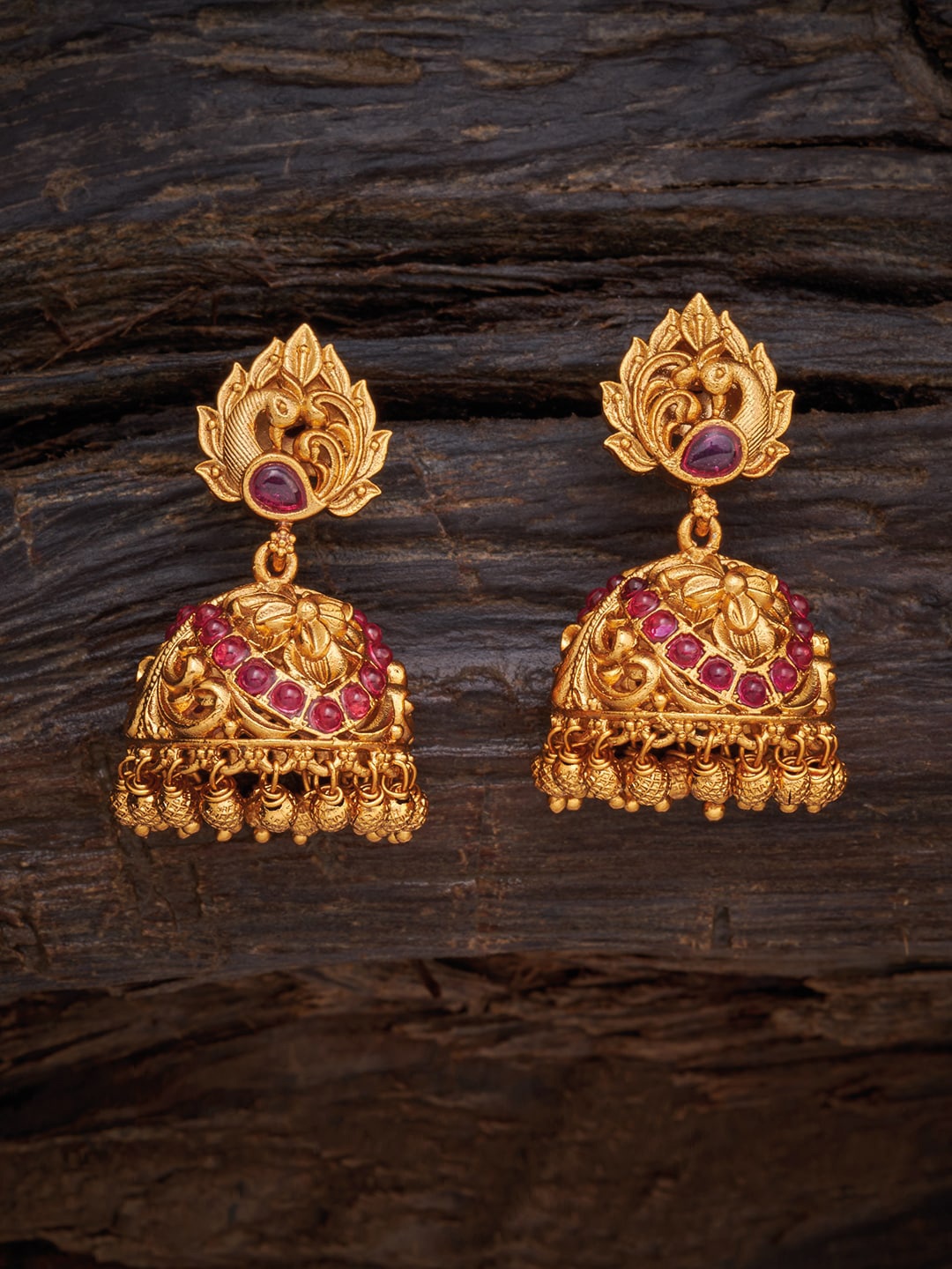 

Kushal's Fashion Jewellery Gold-Toned & Red Ruby Studded Dome Shaped Jhumkas Earrings