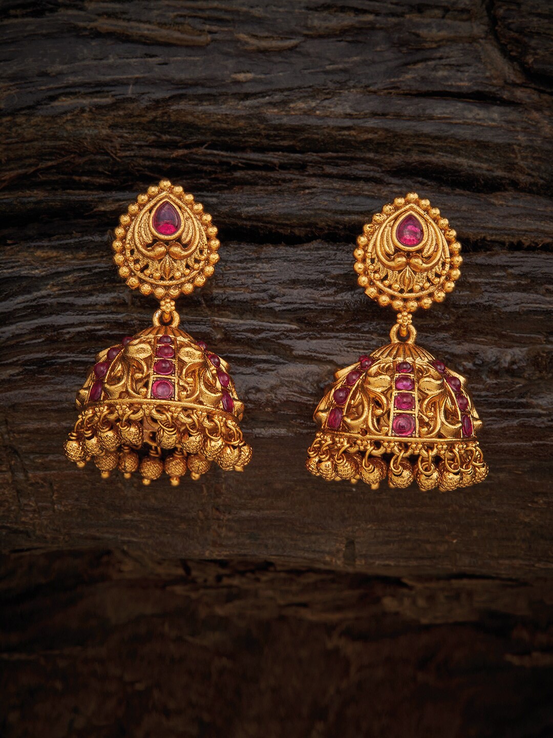 

Kushal's Fashion Jewellery Gold-Plated Red Dome Shaped Jhumkas Earrings