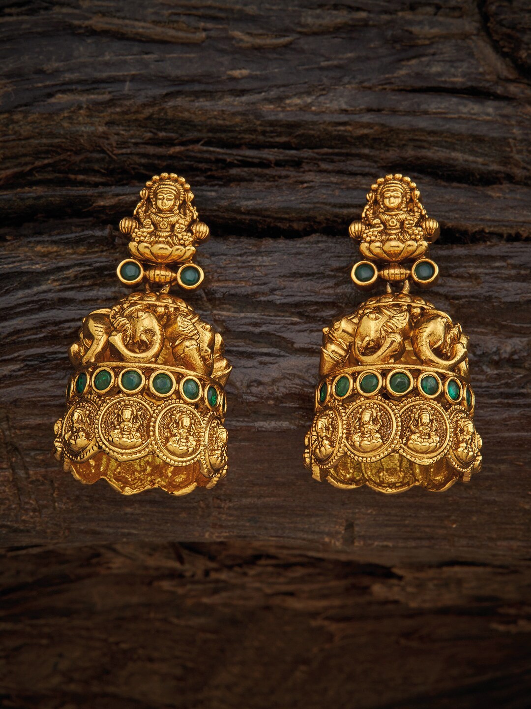 

Kushal's Fashion Jewellery Green & Gold-Toned Dome Shaped Jhumkas Earrings