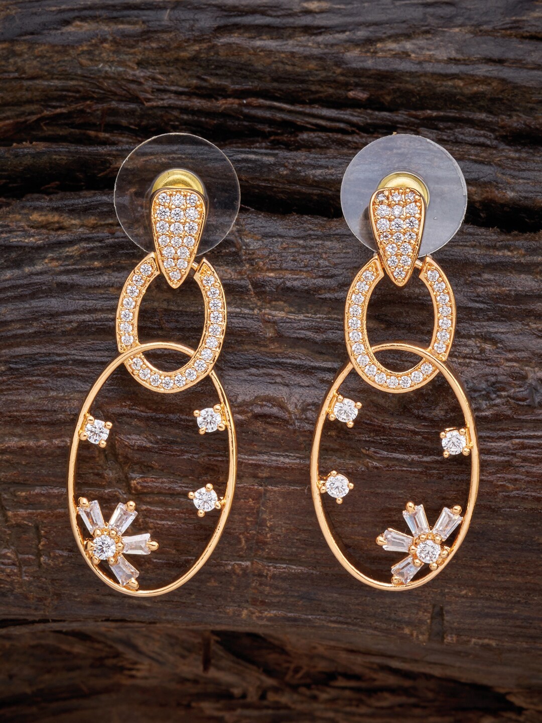 

Kushal's Fashion Jewellery White & Gold-Toned Cubic Zirconia Studded Oval Drop Earrings