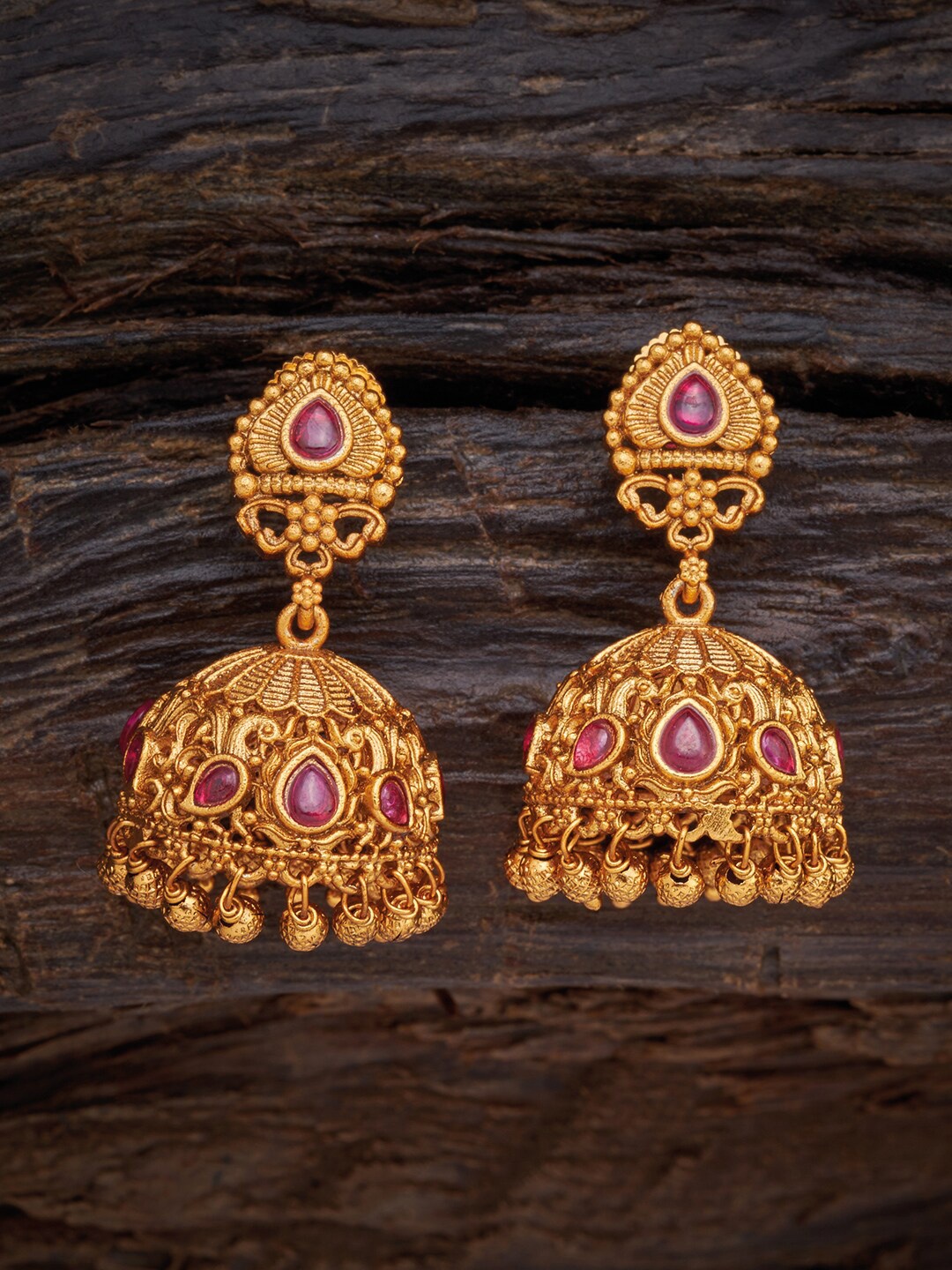 

Kushal's Fashion Jewellery Women Gold-Toned & Red Dome Shaped Jhumkas Earrings