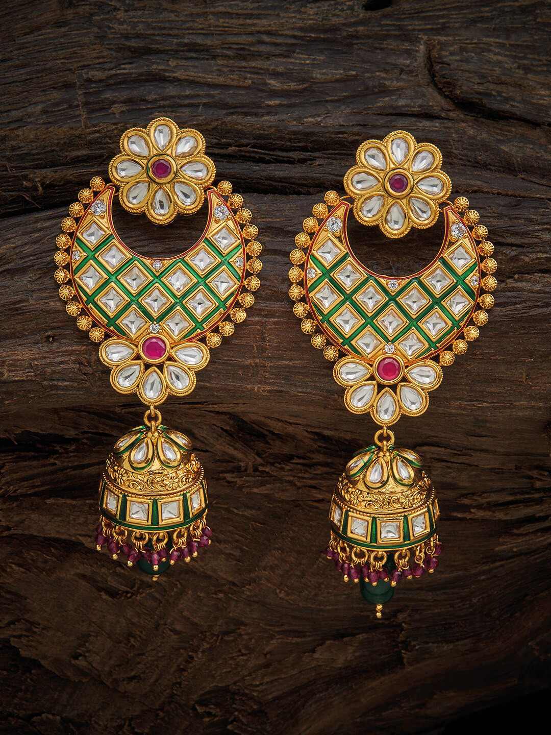 

Kushal's Fashion Jewellery Green Gold-Plated Crescent Shaped Jhumkas Earrings