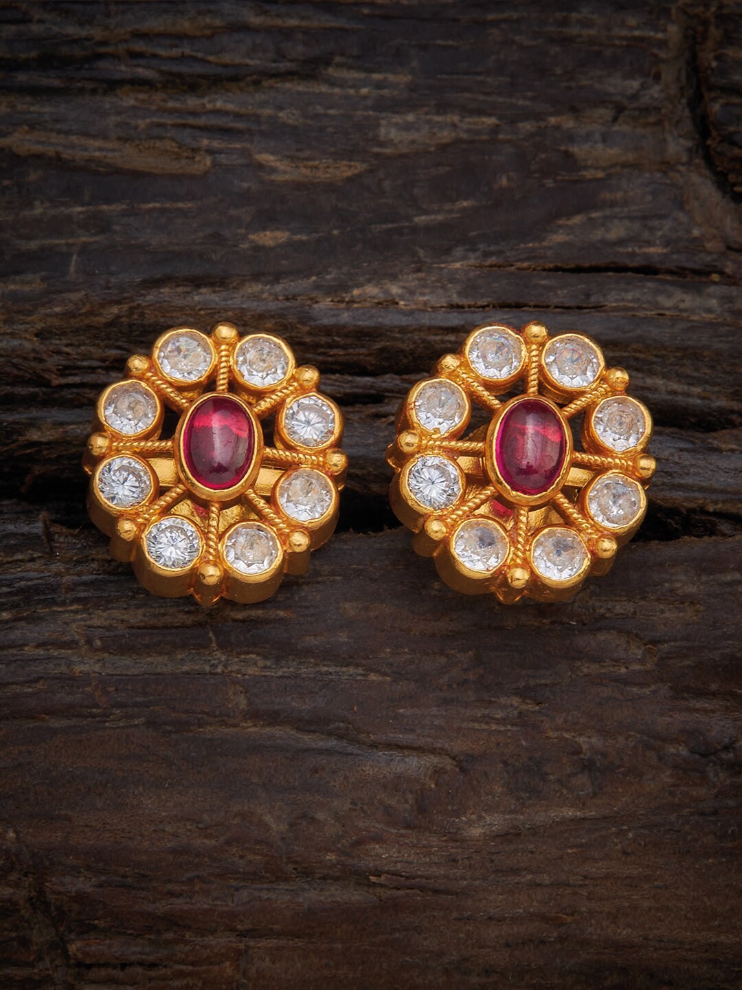 

Kushals Fashion Jewellery 92.5 Silver Gold-Toned Red Floral Studs Earrings