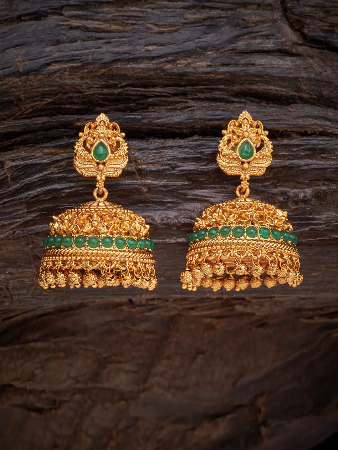 

Kushal's Fashion Jewellery Women Gold-Toned & Green Dome Shaped Jhumkas Earrings