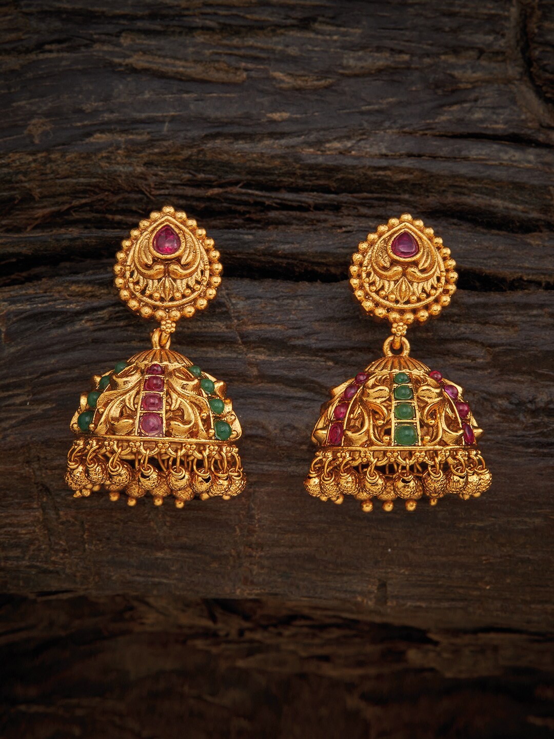 

Kushal's Fashion Jewellery Gold & Red Dome Shaped Studs Earrings