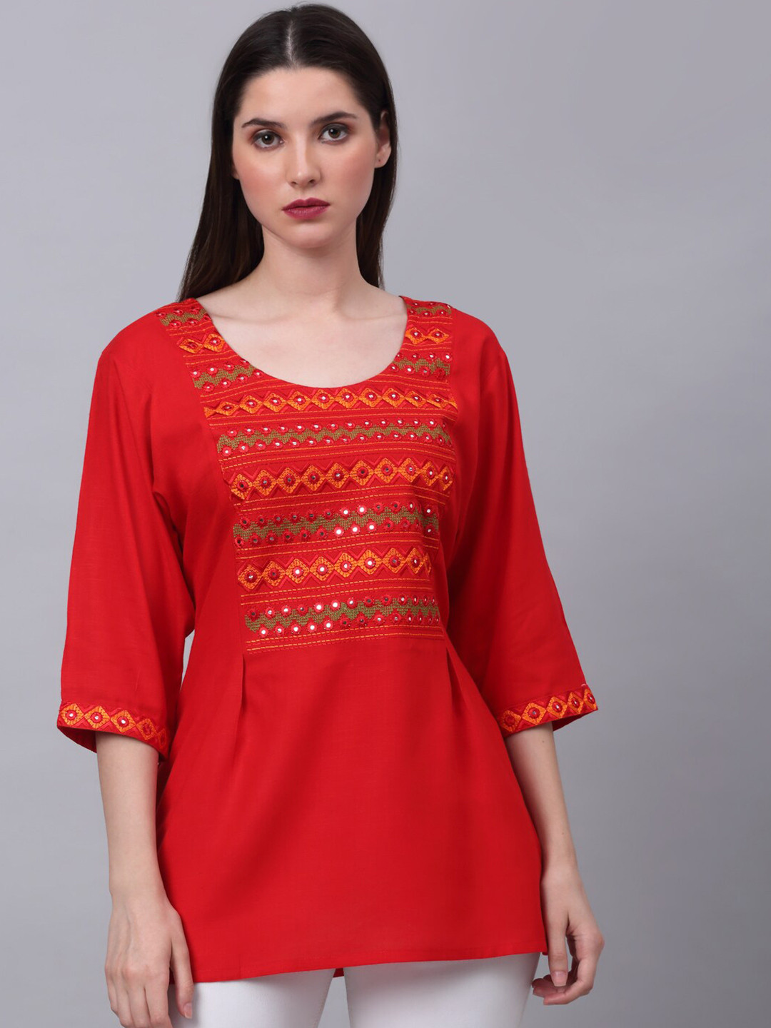 

NEUDIS Red Embroidered A-Line Top