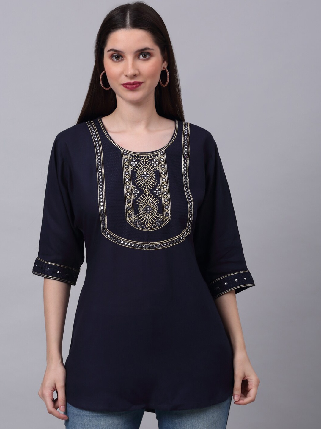 

NEUDIS Women Navy Blue Embellished Ethnic Top