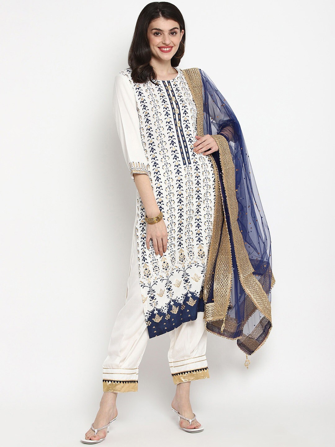 

Tulsattva Women White Ethnic Motifs Embroidered Kurta with Trousers & With Dupatta