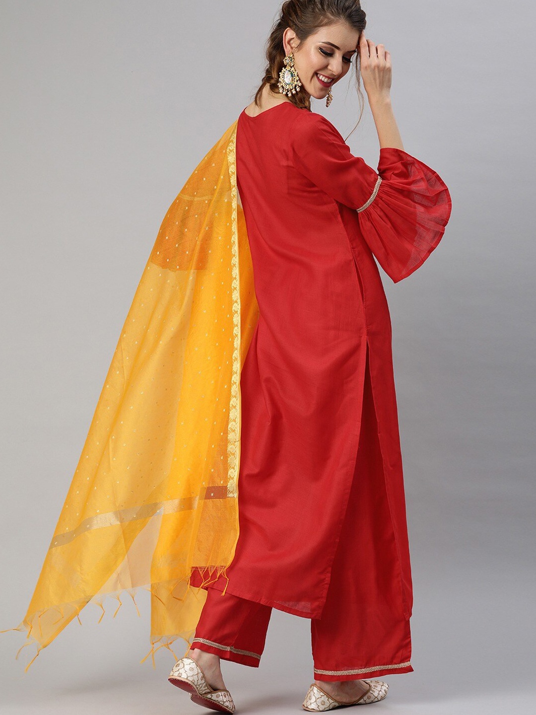 

Tulsattva Women Red Pure Cotton Kurta with Palazzos & With Dupatta