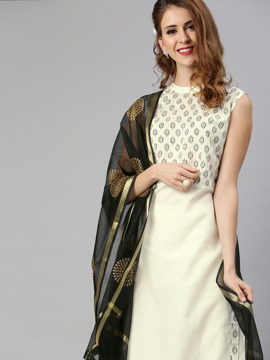 

Tulsattva Women White Yoke Design Pure Cotton Kurta with Palazzos & With Dupatta