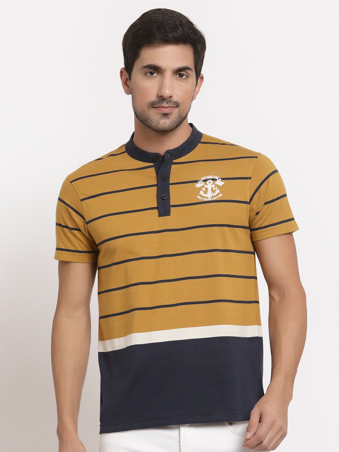 

Club York Men Mustard Yellow & Navy Blue Striped Henley Neck T-shirt