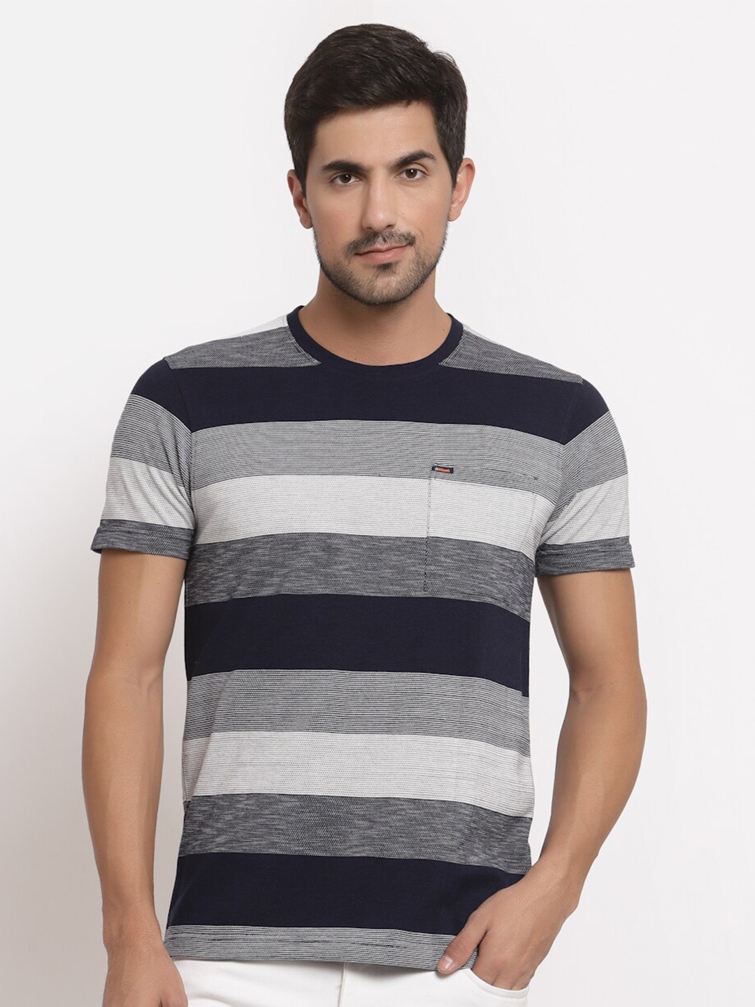 

Club York Men Navy Blue & Grey Striped T-shirt