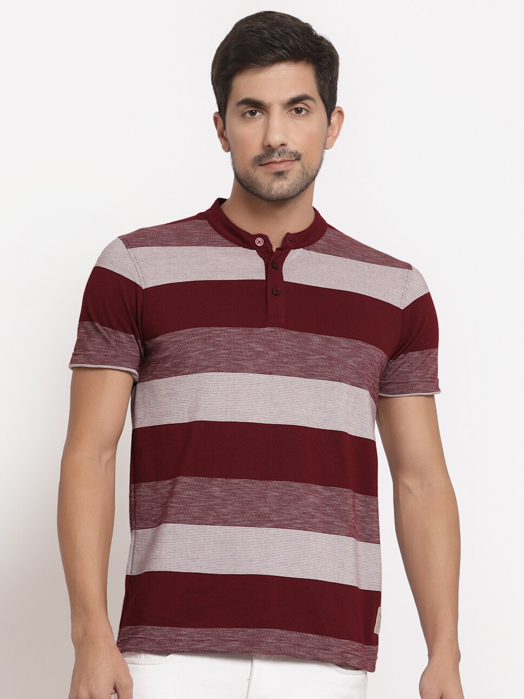 

Club York Men Maroon & Off White Striped Henley Neck T-shirt