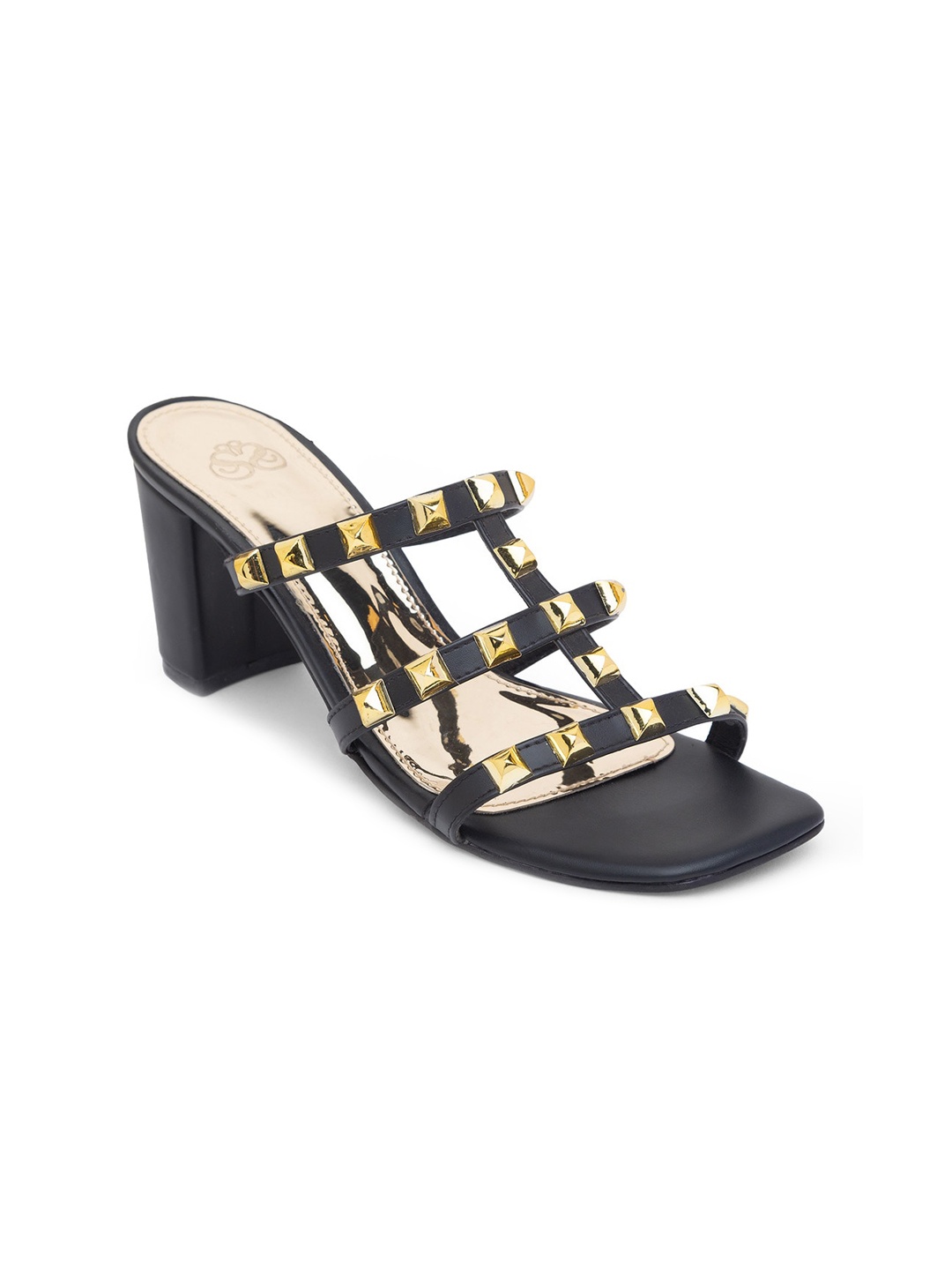 

Sole To Soul Black & Gold-Toned Embellished Block Heels