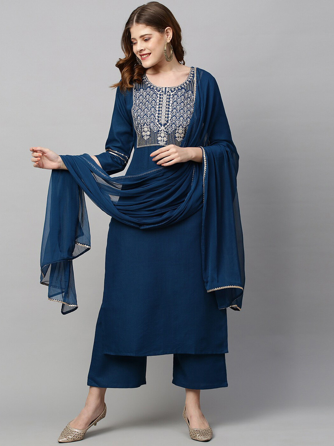 

KALINI Women Blue Yoke Design Layered Kurta with Palazzos & With Dupatta