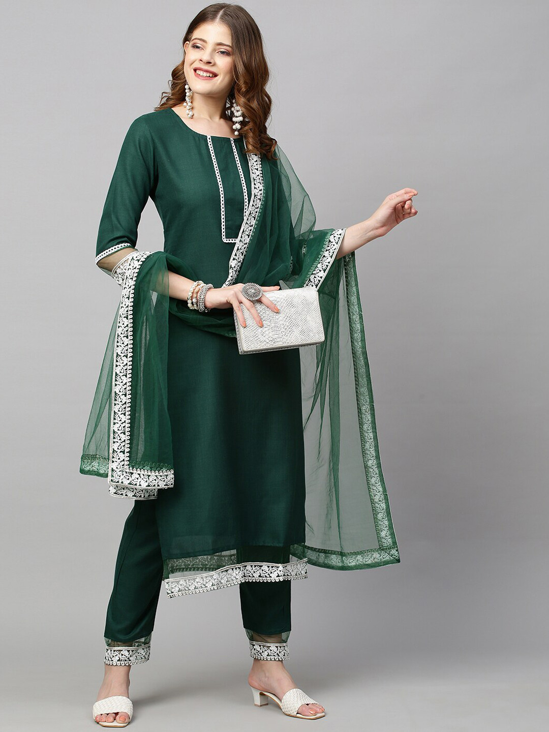 

KALINI Women Green Kurta with Trousers & Dupatta