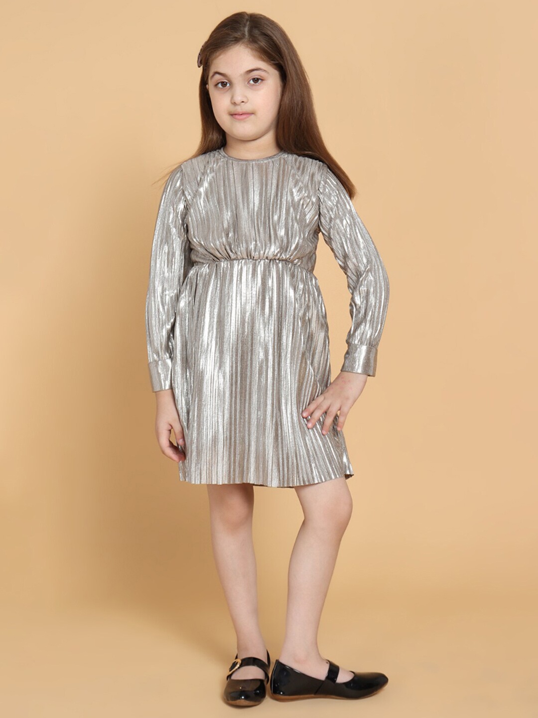 

PICCOLO Silver-Toned Striped Leather Satin A-Line Dress